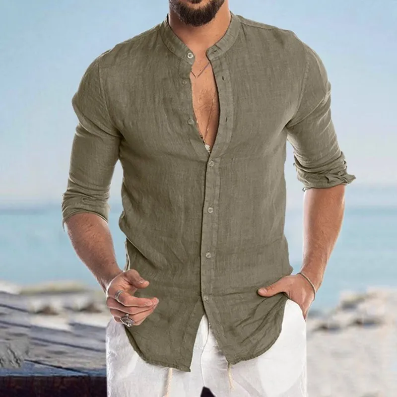 Casual Linen Shirt Band Collar Long Sleeve Button Down Shirt