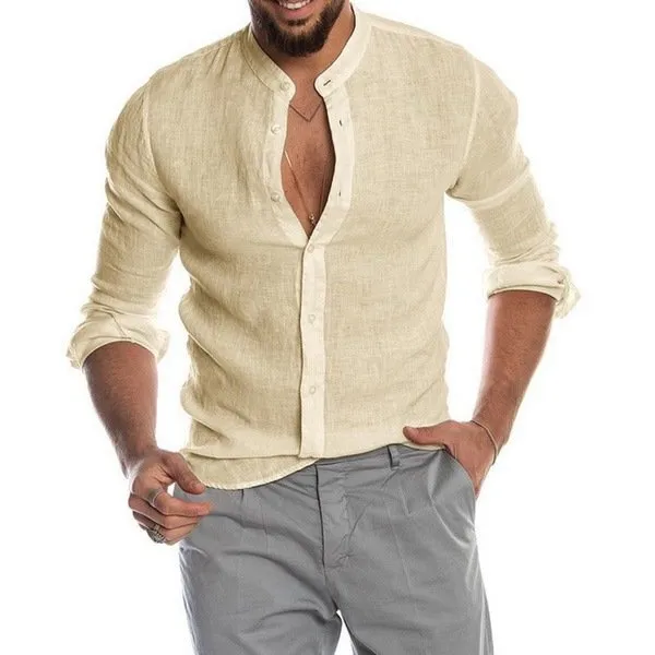 Casual Linen Shirt Band Collar Long Sleeve Button Down Shirt