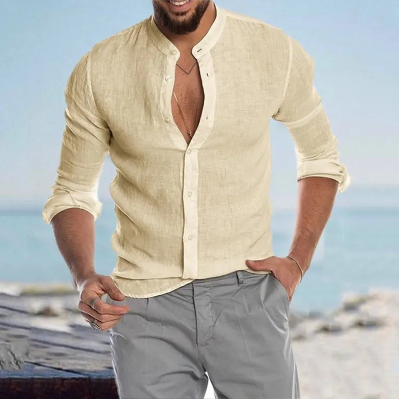 Casual Linen Shirt Band Collar Long Sleeve Button Down Shirt