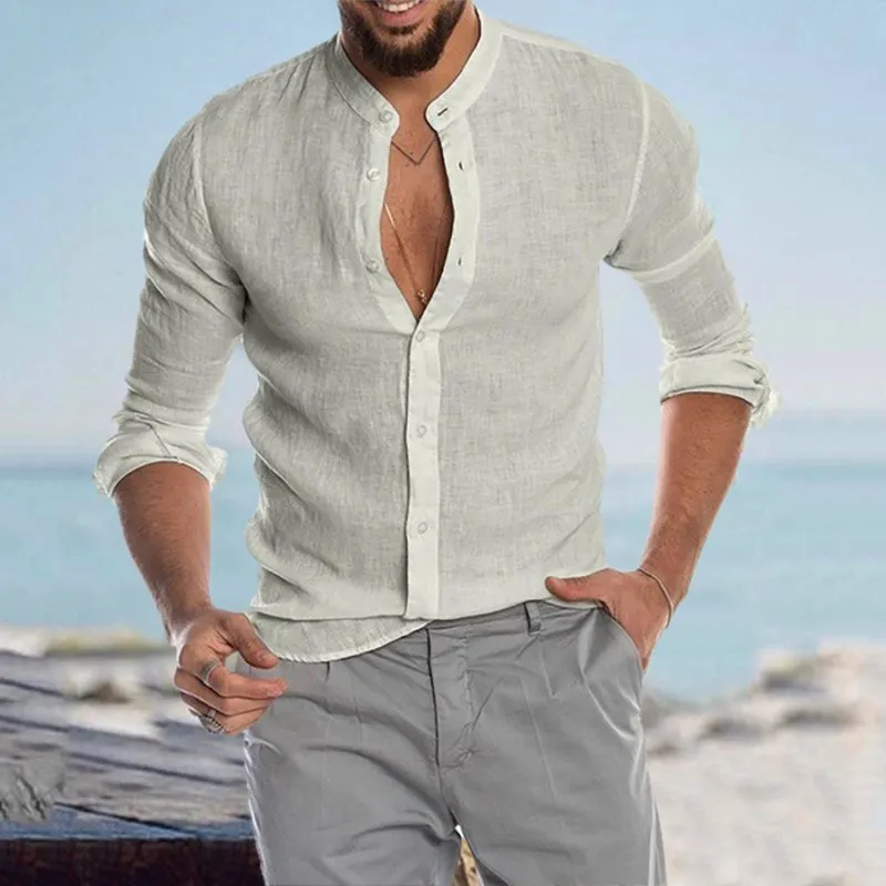 Casual Linen Shirt Band Collar Long Sleeve Button Down Shirt