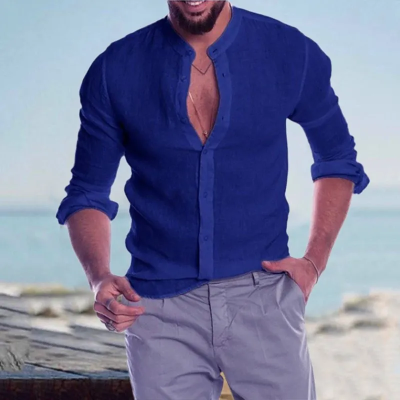 Casual Linen Shirt Band Collar Long Sleeve Button Down Shirt
