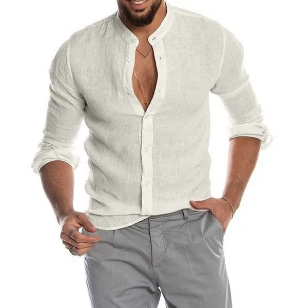 Casual Linen Shirt Band Collar Long Sleeve Button Down Shirt