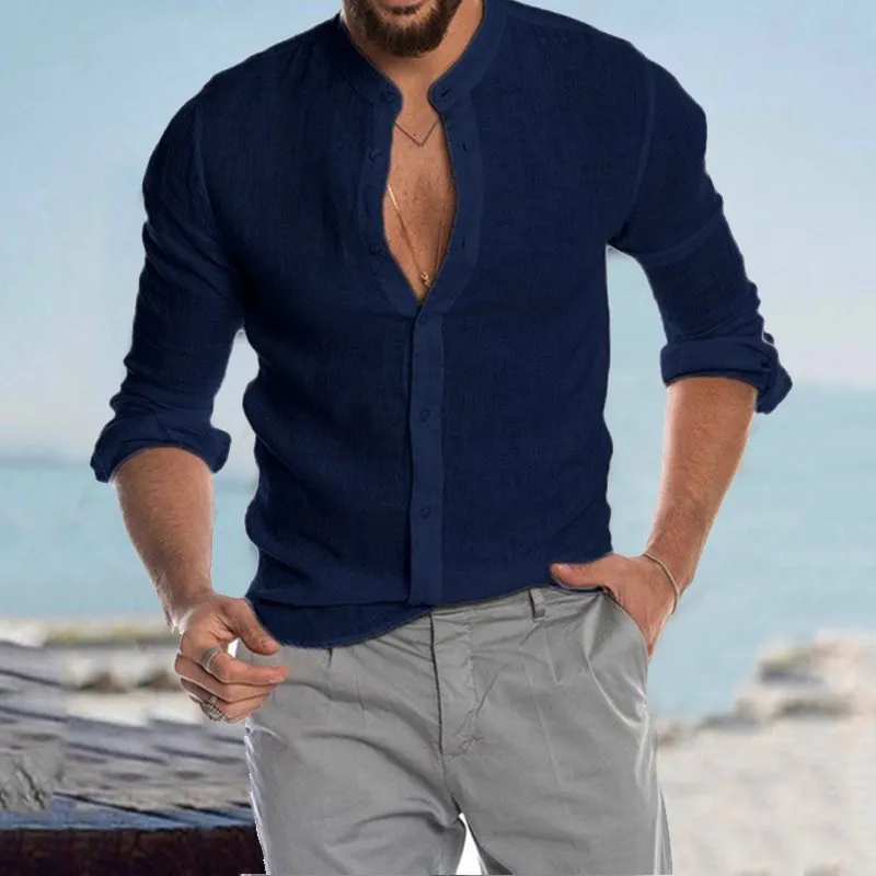 Casual Linen Shirt Band Collar Long Sleeve Button Down Shirt
