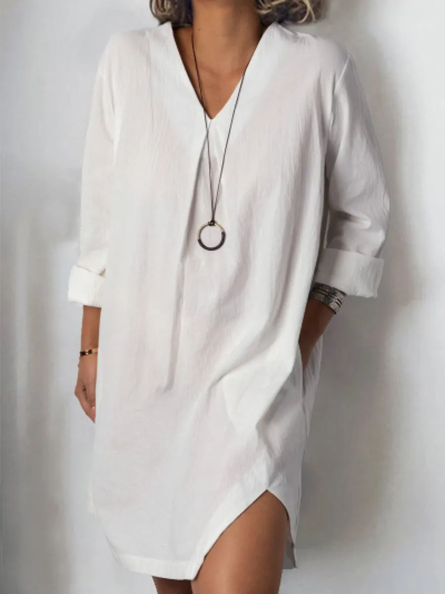 Casual Long Sleeve Cotton Solid Casual Dress