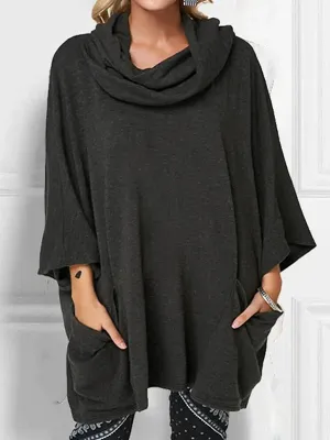 Casual Long Sleeves Loose Solid Color Heaps Collar T-Shirts Tops