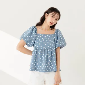 Casual Polka Dots Square Neck Babydoll Blouse Top