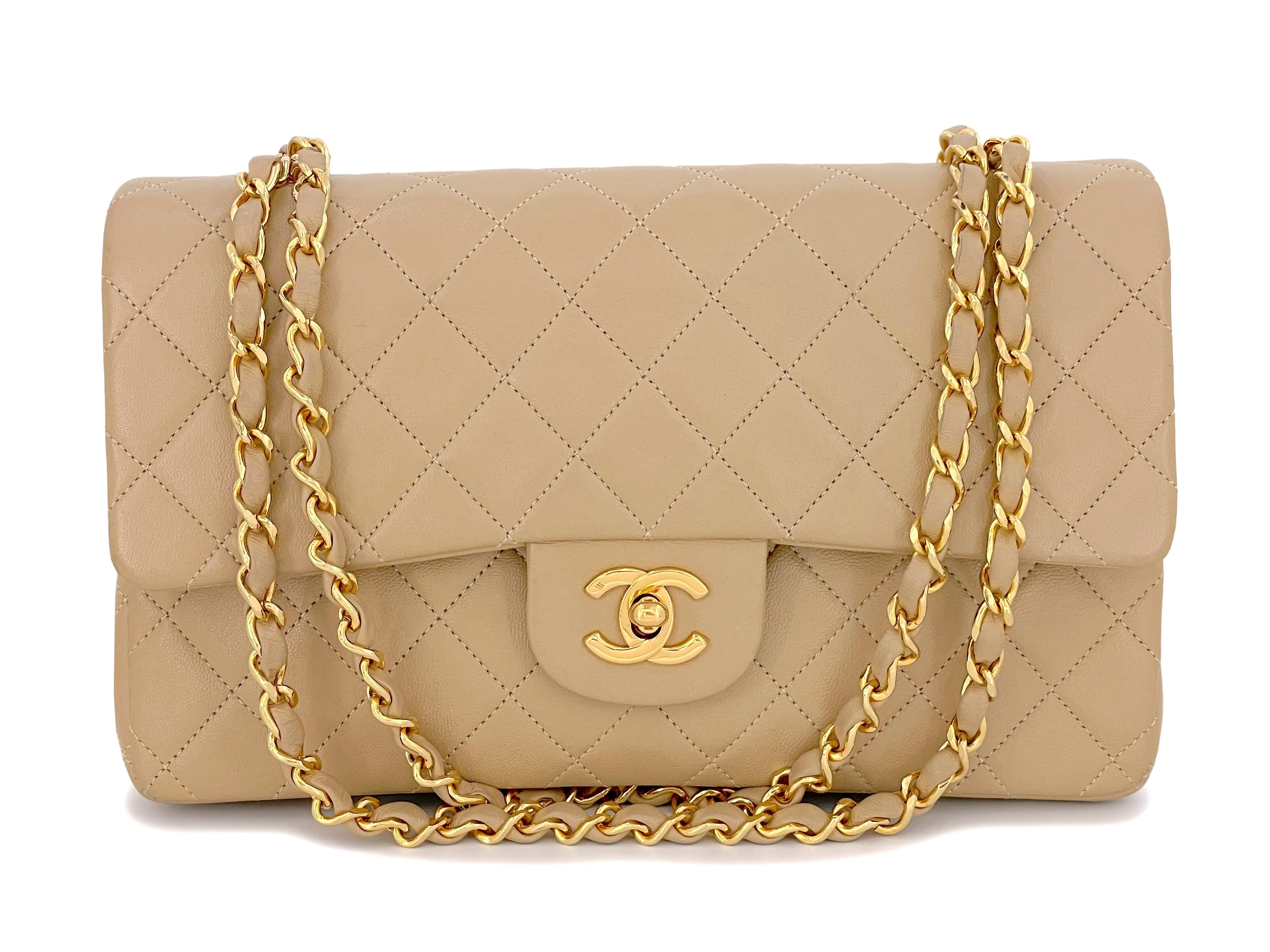 Chanel 1991 Vintage Beige Medium Classic Double Flap Bag 24k GHW