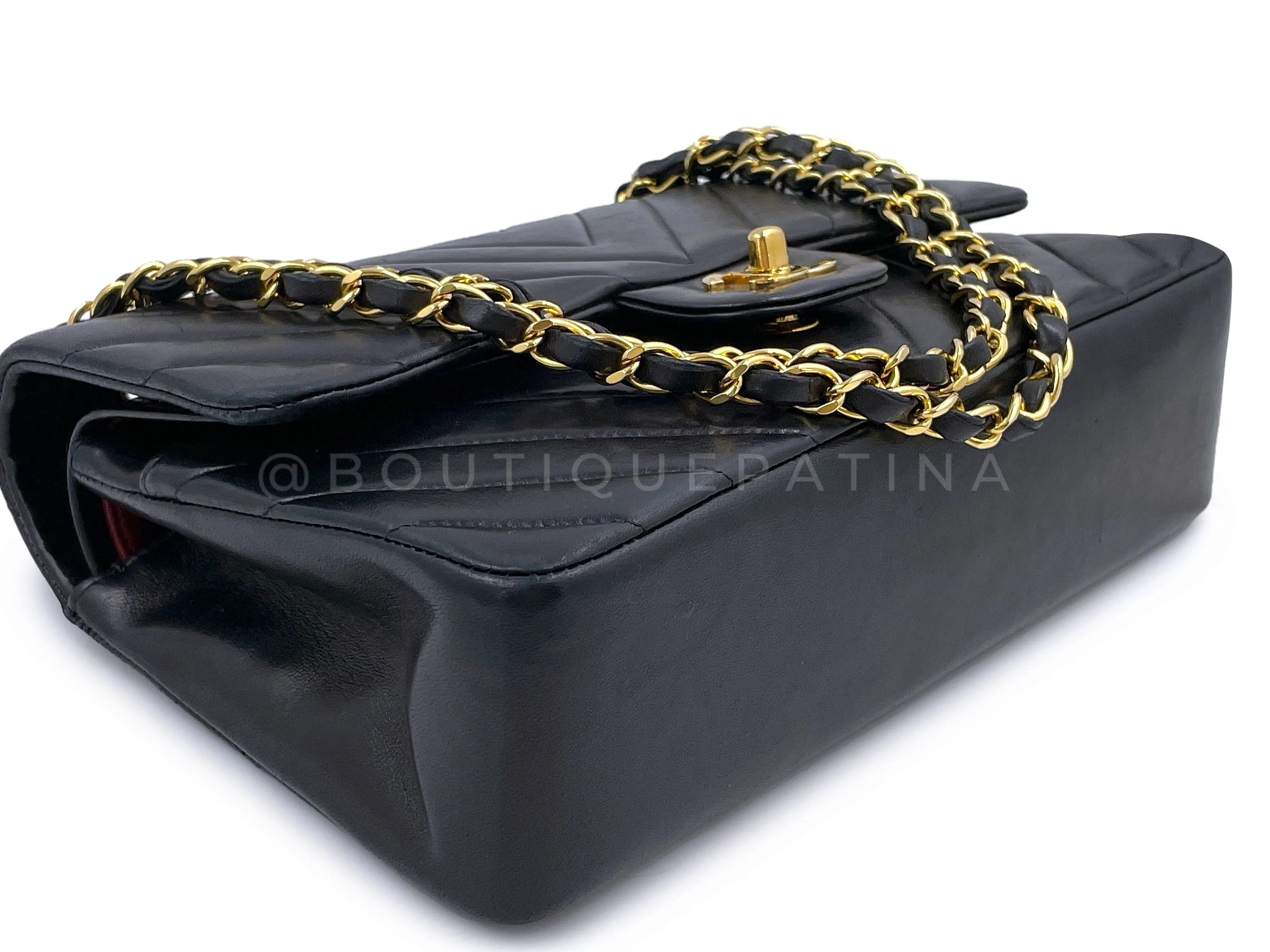 Chanel 1991 Vintage Black Chevron Medium Classic Double Flap Bag 24k GHW