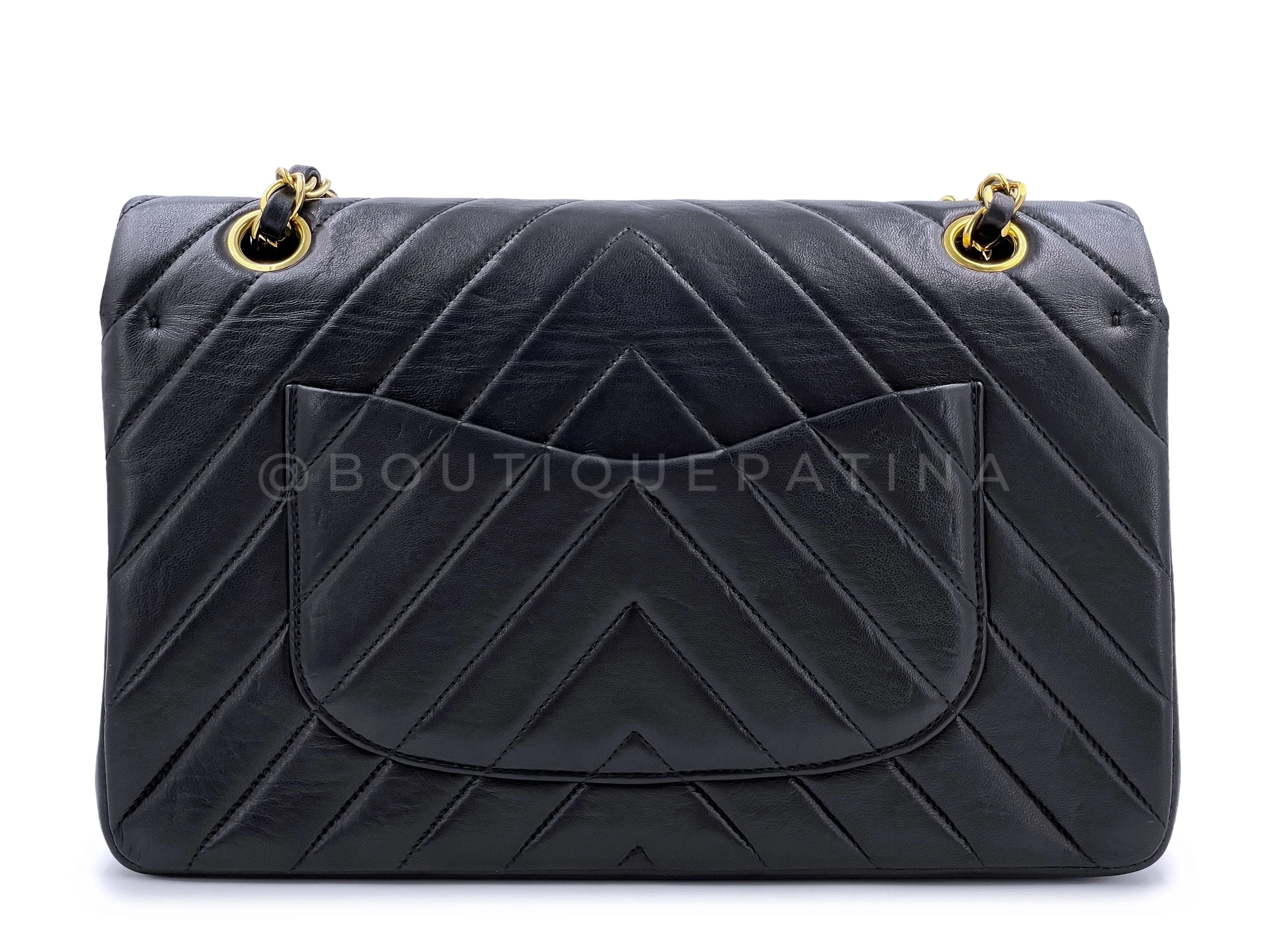 Chanel 1991 Vintage Black Chevron Medium Classic Double Flap Bag 24k GHW