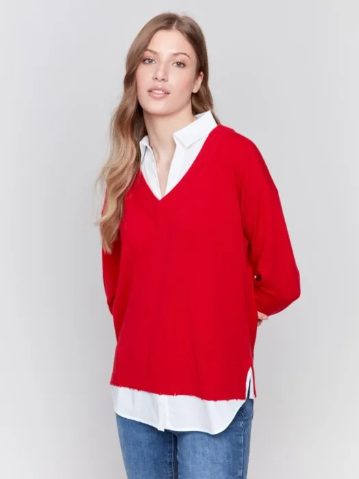 Charlie B C2568R V-Neck Fooler Sweater with Shirt Collar
