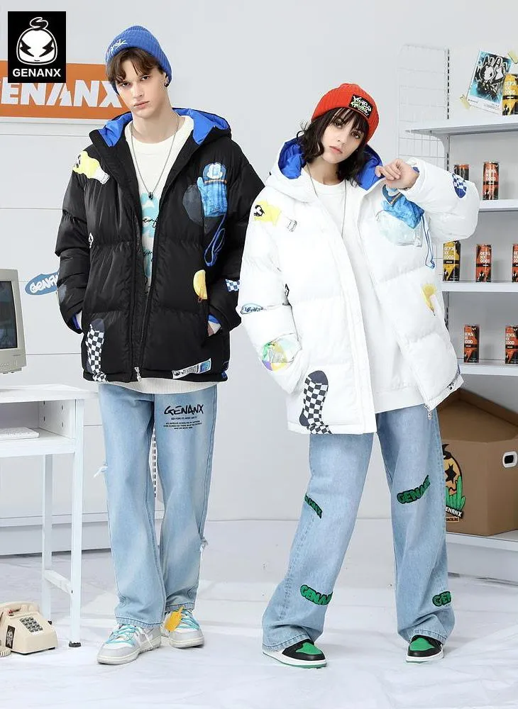 Checkerboard Gloves Print Padded Coat
