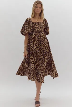 Cheetah Print Square Neck Midi Dress w/ Bubble Sleeves