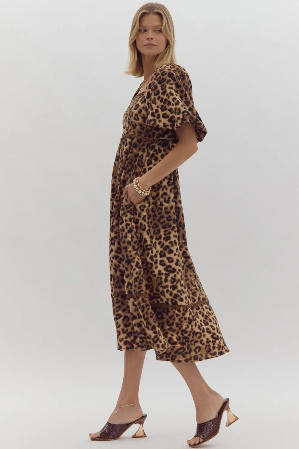 Cheetah Print Square Neck Midi Dress w/ Bubble Sleeves
