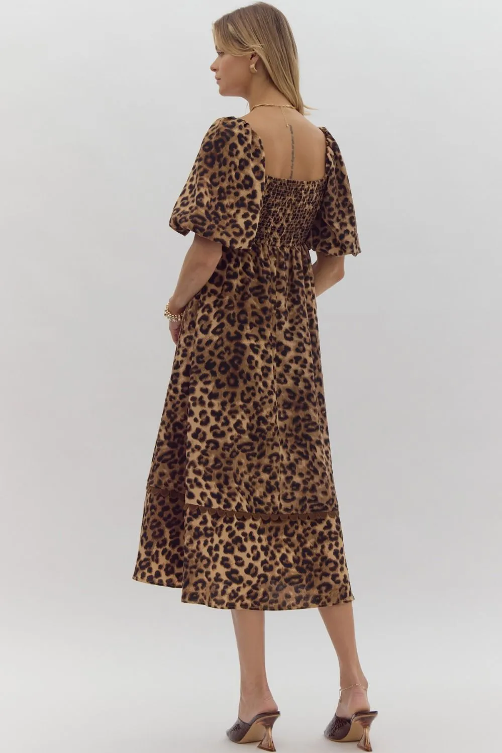 Cheetah Print Square Neck Midi Dress w/ Bubble Sleeves