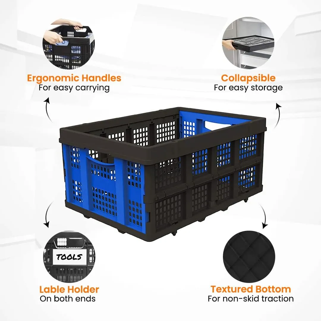 Cheston Portable Collapsible Basket I Foldable Crate w/ 25 Kg Capacity I Heavy Duty Durable Plastic Foldable/Stackable Crate for Storage and Organizing I Storage Big Size (56 x 41 x 27 cm, Pack of 2)