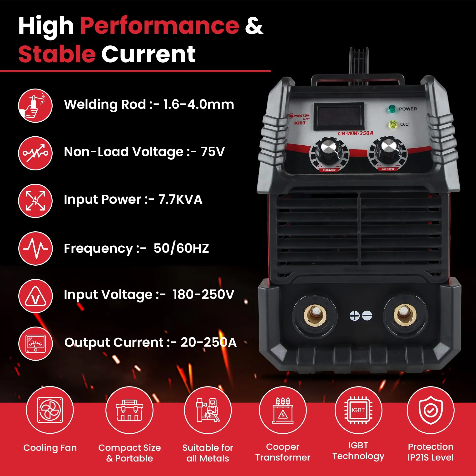 Cheston Ultra 250A Inverter Arc Welding Machine (MMA) LED Display Hot Start Welder Tool with Welding Mask, Welding Rods & Other Accessories for Steel, Iron, Aluminium, Copper & all other Metals