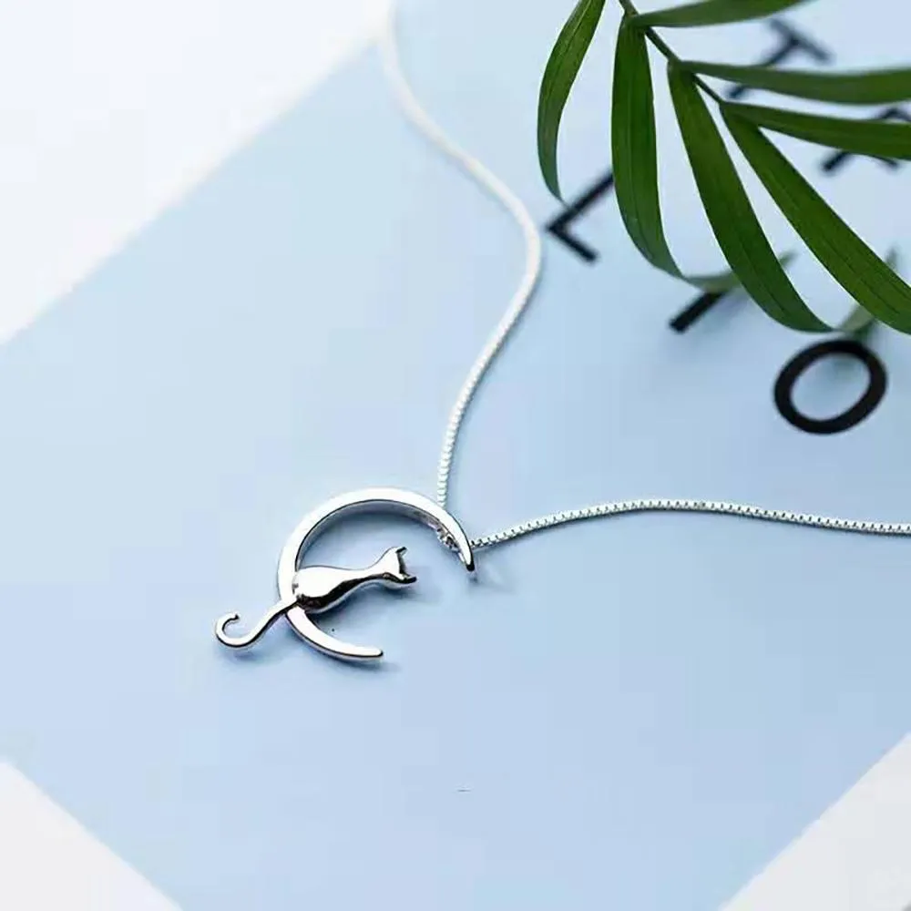 Chic Cat and The Moon Sterling Silver Necklace