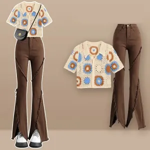 Chic Crochet Hollow Shirt Fringed Split Denim Pants Two Piece Set
