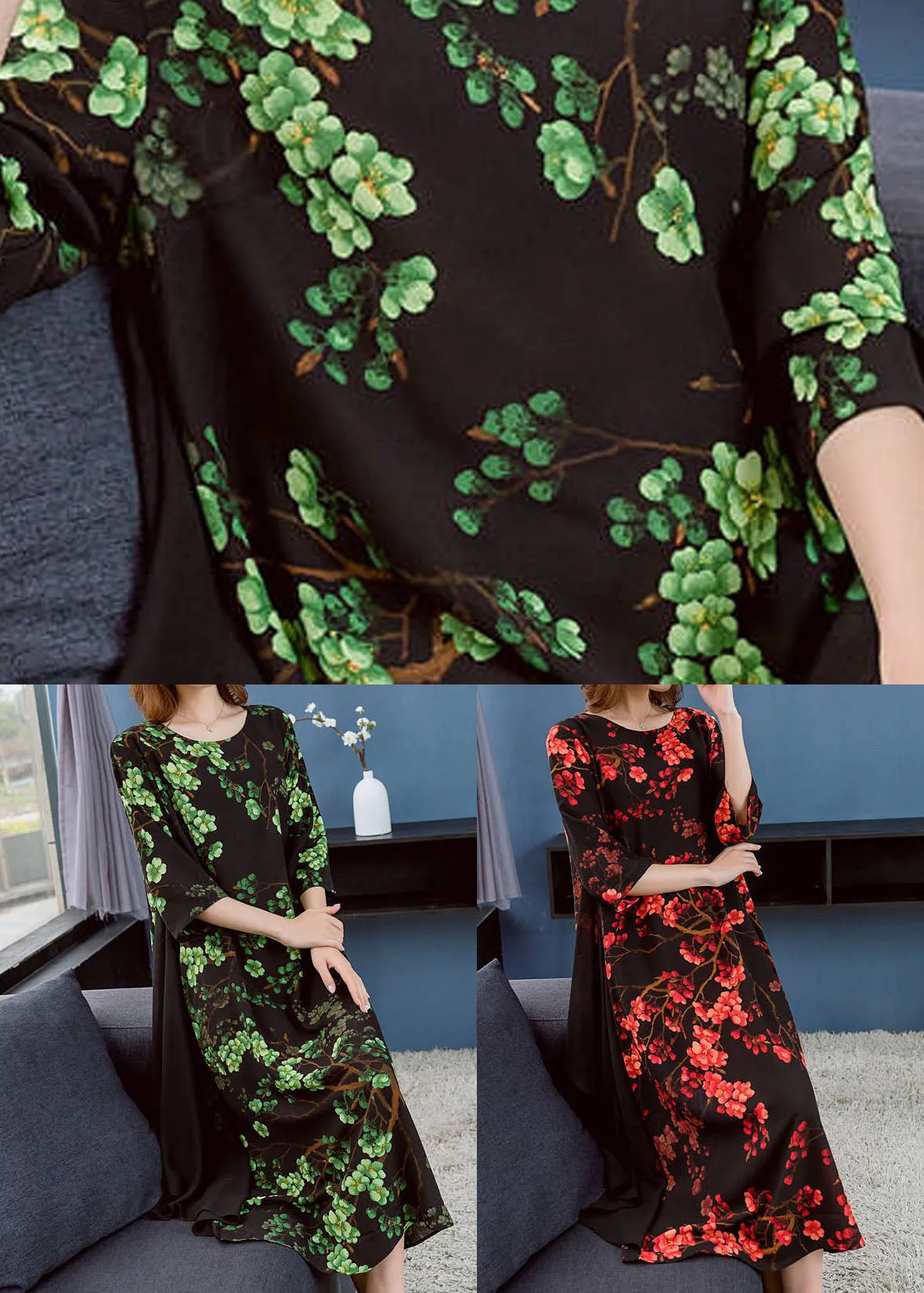 Chic Green O Neck Print Patchwork Chiffon Dresses Summer LY7721