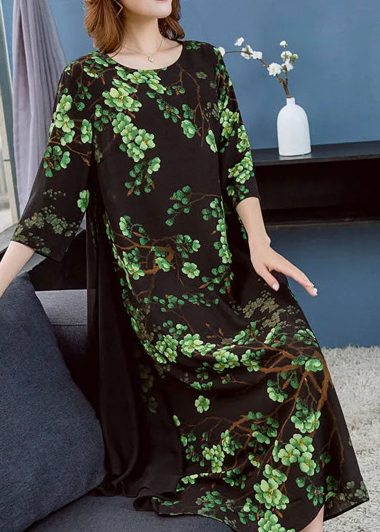Chic Green O Neck Print Patchwork Chiffon Dresses Summer LY7721