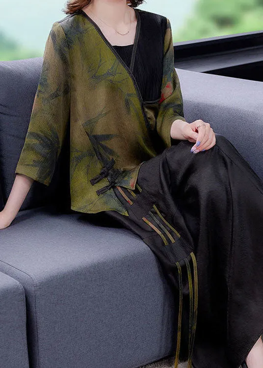Chic Green V Neck Patchwork Tasseled Oriental Button Silk Two Piece Set Summer LY2253