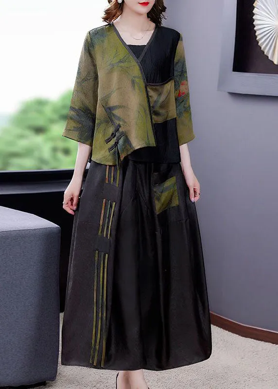 Chic Green V Neck Patchwork Tasseled Oriental Button Silk Two Piece Set Summer LY2253