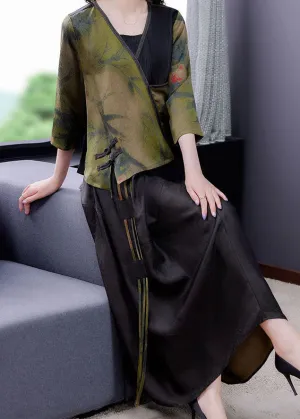 Chic Green V Neck Patchwork Tasseled Oriental Button Silk Two Piece Set Summer LY2253