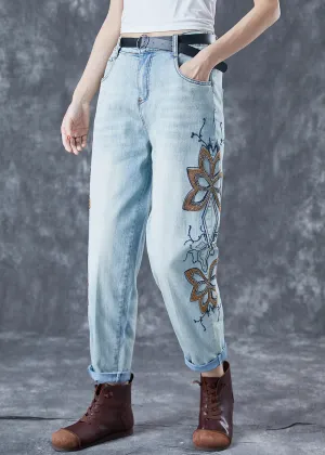 Chic Light Blue Embroideried Zircon Denim Harem Pants Summer LY5672
