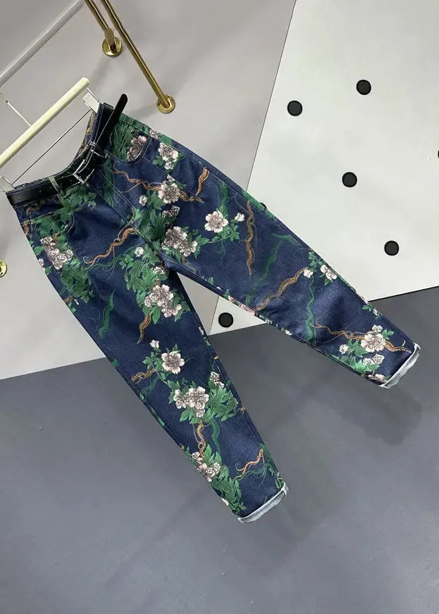 Chic Navy Pockets Floral Patchwork Denim Pants Fall ML0755
