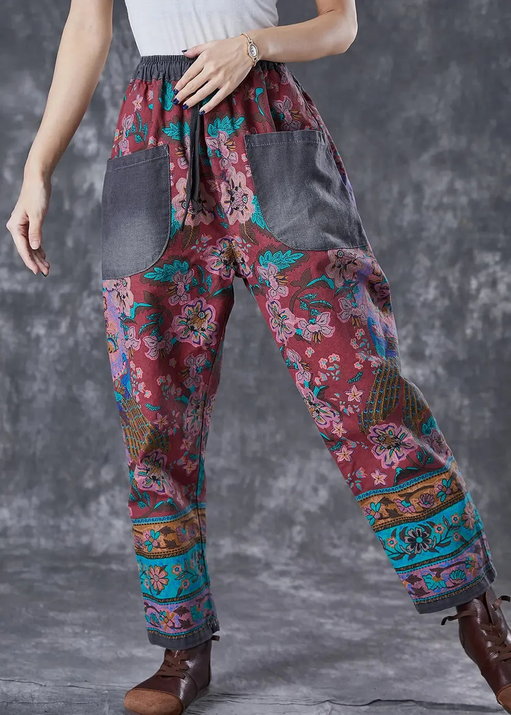 Chic Red Print Elastic Waist Patchwork Pockets Cotton Harem Pants Fall ML3015