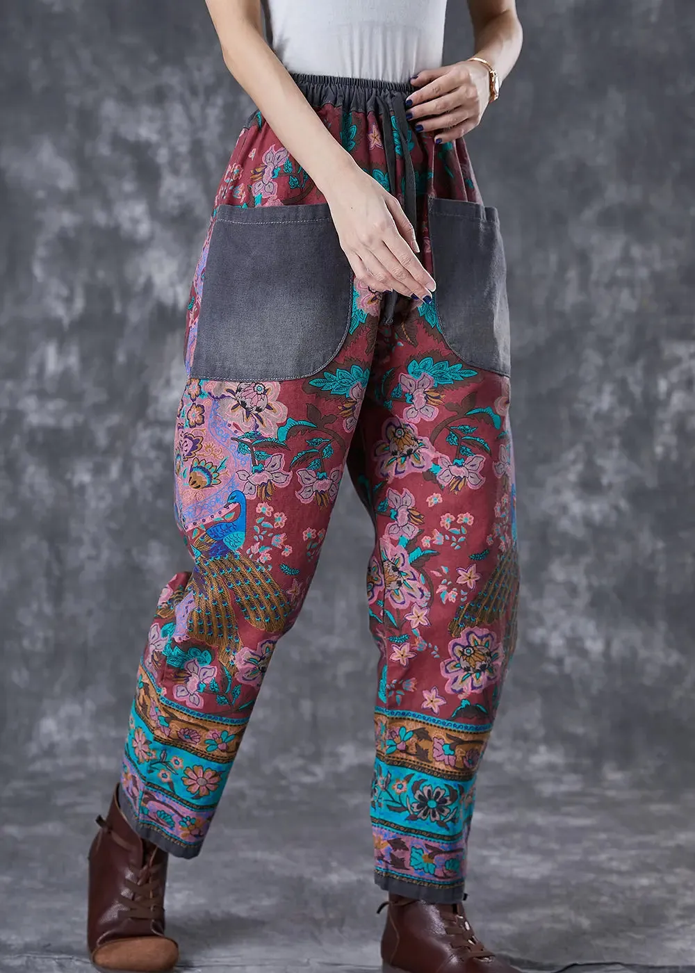 Chic Red Print Elastic Waist Patchwork Pockets Cotton Harem Pants Fall ML3015