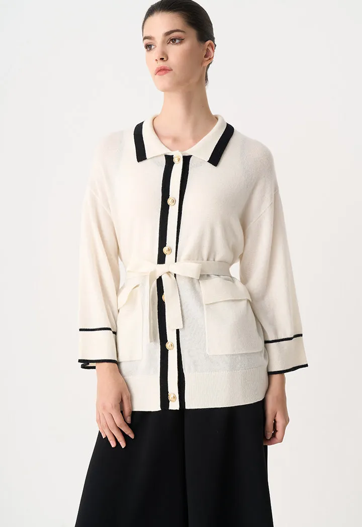 Choice Contrast Knitted Belted Cardigan Cream