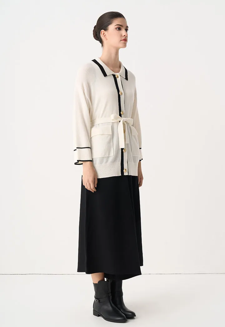 Choice Contrast Knitted Belted Cardigan Cream
