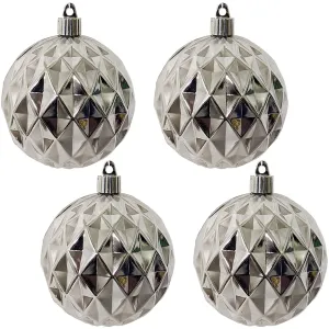 Christmas By Krebs 4" (100mm) Diamond Shiny Looking Glass Silver [4 Pieces] Solid Commercial Grade Indoor and Outdoor Shatterproof Plastic, UV and Water Resistant Ball Ornament Decorations