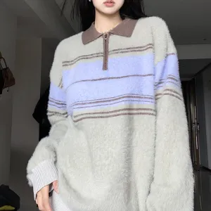 christmas outfit Sonicelife Half Zip Striped Fuzzy Oversized Sweater