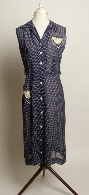 Circa 1950s Navy Blue & White Polka Dot Swiss Day Dress