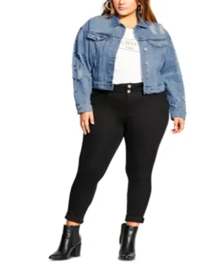 City Chic Women's Trendy Plus Size Cotton Studded Cropped Denim Jacket - Light Denim Blue Size 24W | Blue