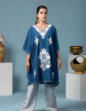 Classic Blue Cotton Aari Embroidered Short Summer Kaftan