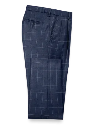 Classic Fit Essential Wool Pleated Suit Pants - Navy Windowpane
