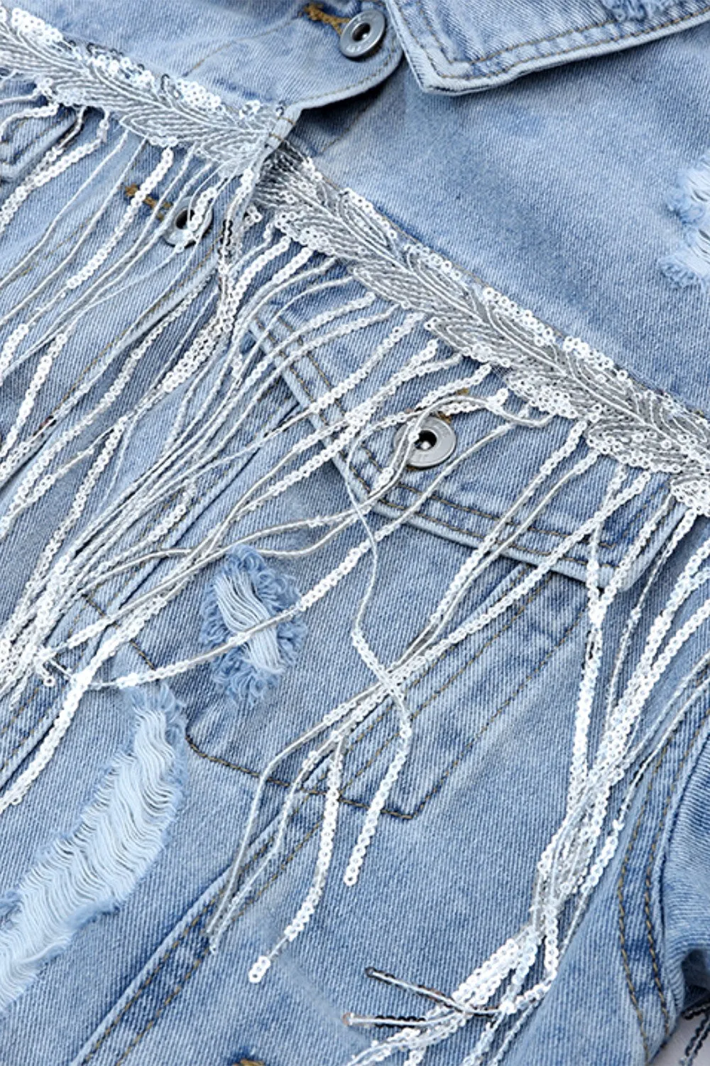 Classic Twist Sequin Fringe Denim Jacket