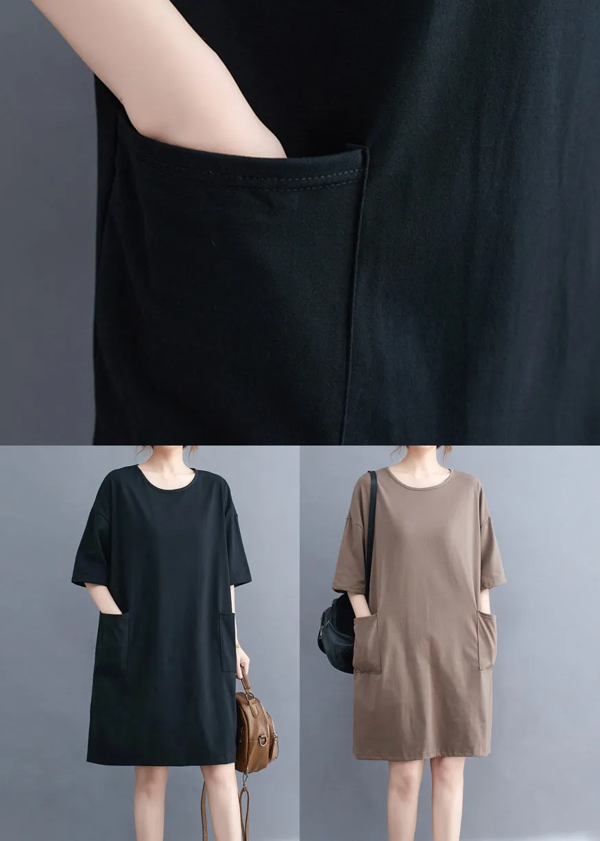 Classy Black Oversized Pockets Cotton Mid Dress Summer LY7315