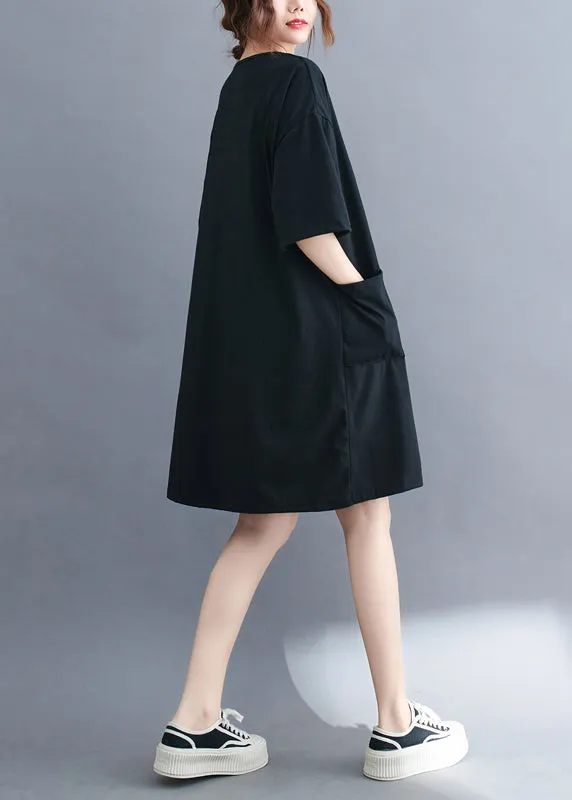 Classy Black Oversized Pockets Cotton Mid Dress Summer LY7315