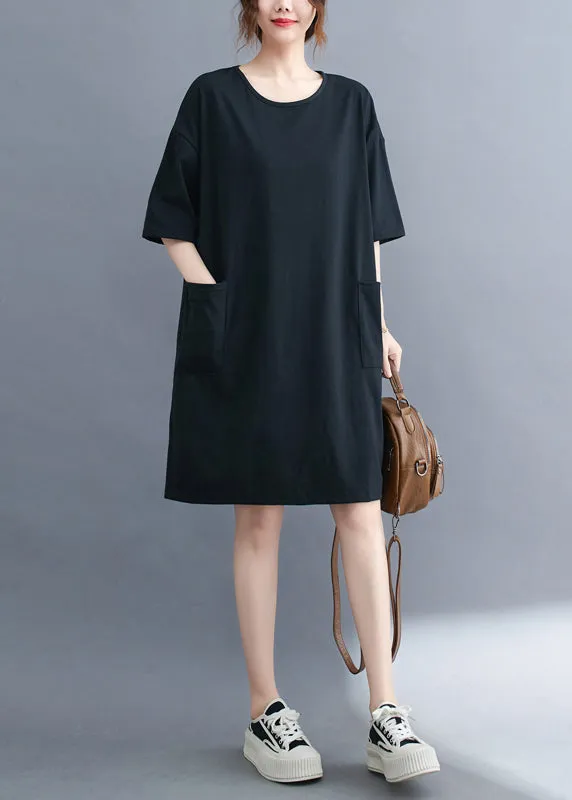 Classy Black Oversized Pockets Cotton Mid Dress Summer LY7315