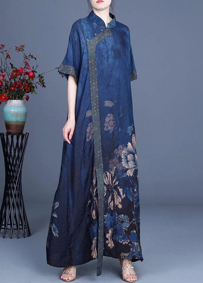 Classy Blue Print Patchwork Oriental Long Dress Summer
