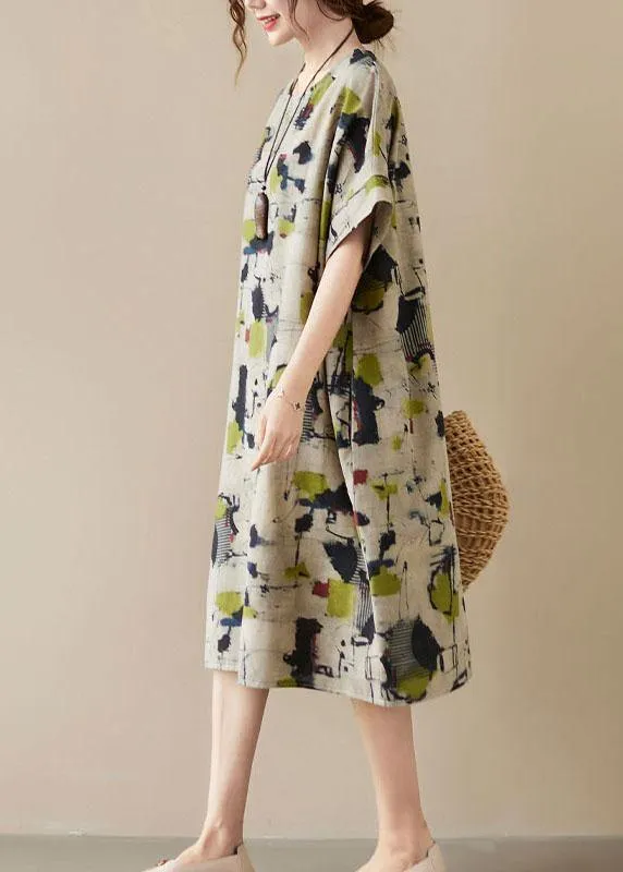 Classy Khaki Print O-Neck Pockets Summer Maxi Dresses Half Sleeve