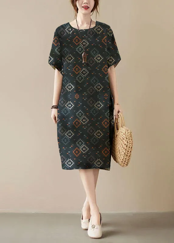 Classy Khaki Print O-Neck Pockets Summer Maxi Dresses Half Sleeve
