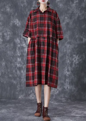 Classy Red Oversized Plaid Linen Shirt Dress Summer LY7083
