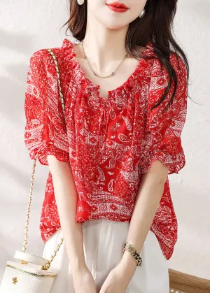Classy Red Ruffled Print Patchwork Chiffon Shirts Top Summer LY6988