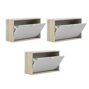 CLEARANCE Set of 3 Shoe cabinet  with 1 tilting door and 2 layers - Oak structure White