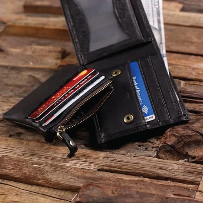 Coin Wallet Personalized Monogrammed Engraved Leather Bifold Men's Wallet Zipper Without Box